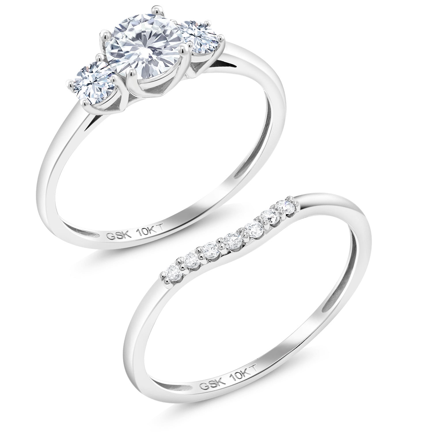 Gem Stone King 10K White Gold Moissanite Created Sapphire and Lab Grown Diamond 3-Stone Bridal Engagement Ring Set for Women | 0.83 Cttw | Wedding Engagement Anniversary Promise Ring| Size 8