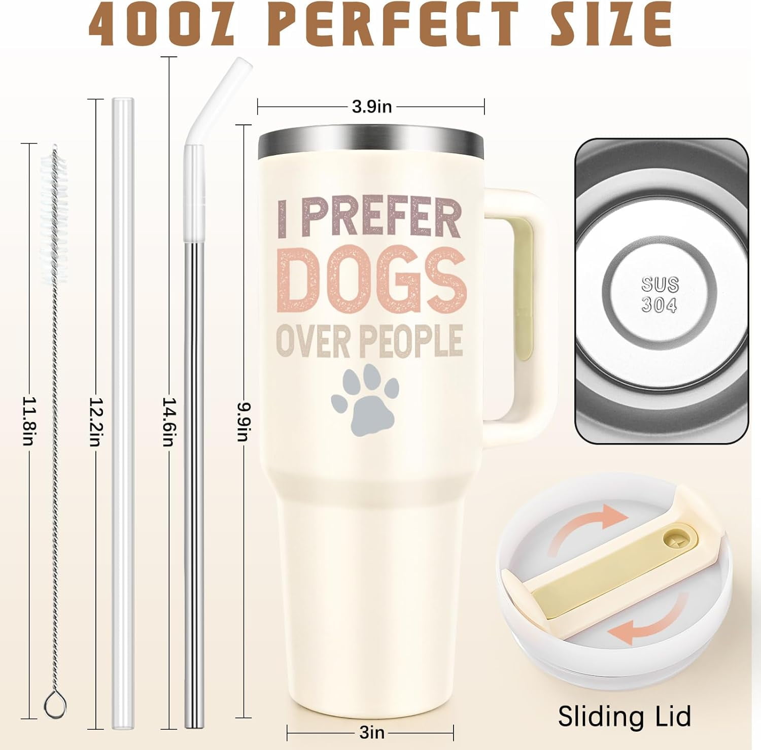 Dog Lover Gifts for Women, I Prefer Dogs Over People Stainless Steel Insulated 40oz Tumbler, Gifts for Dog Lovers, Birthday Christmas Gifts, Dog Mom Gifts for Women, Beige