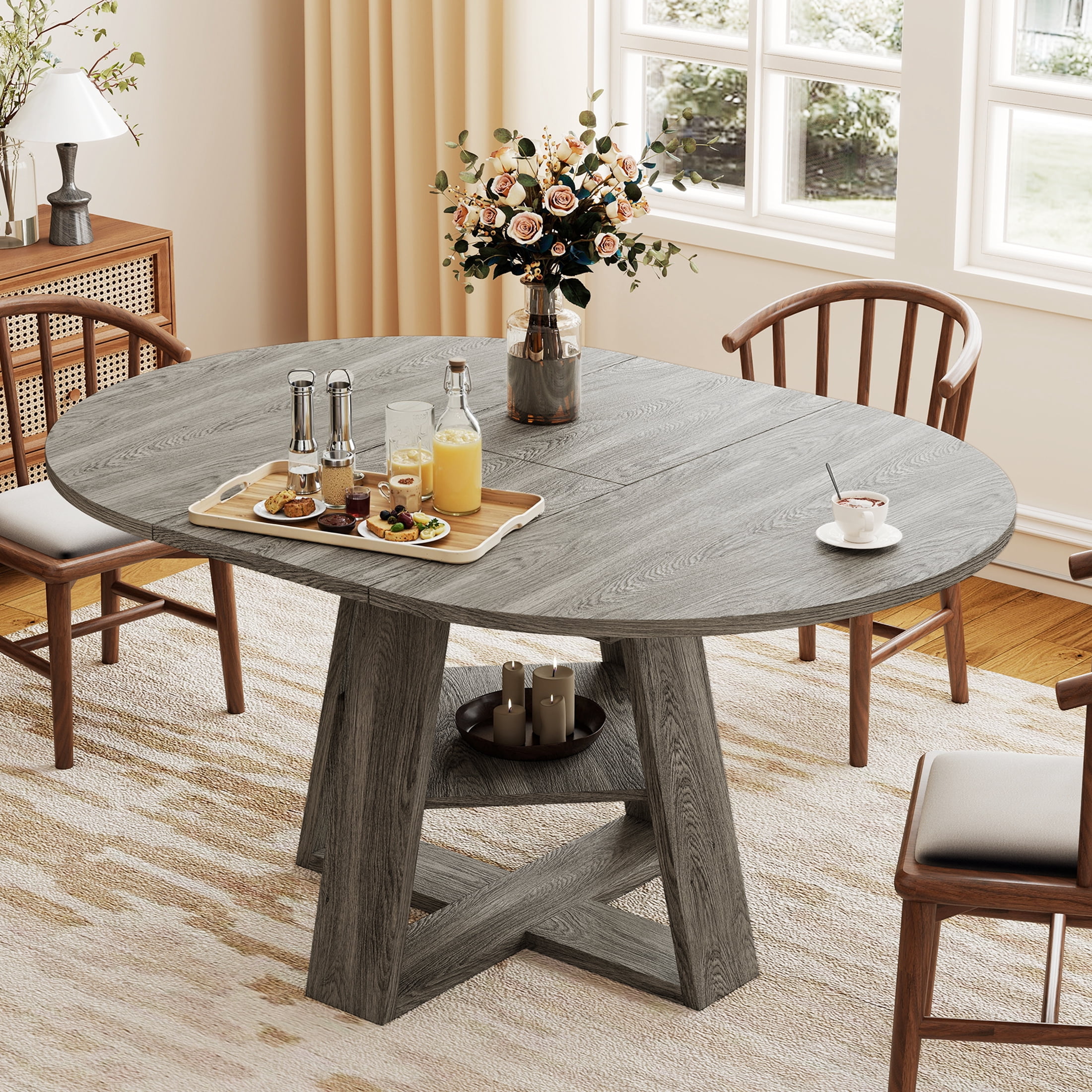 Hawsaiy 43.3-59 in Extendable Oval Dining Table for 4-6, Space-Saving Round Kitchen Table with Hidden Leaf Storage & Bottom Shelf for Small Space, Gray