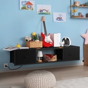 Wall Mounted Floating TV Stand with Power Outlets & Drawers, Modern Entertainment Center with USB Ports for Living Room, Bedroom, Black