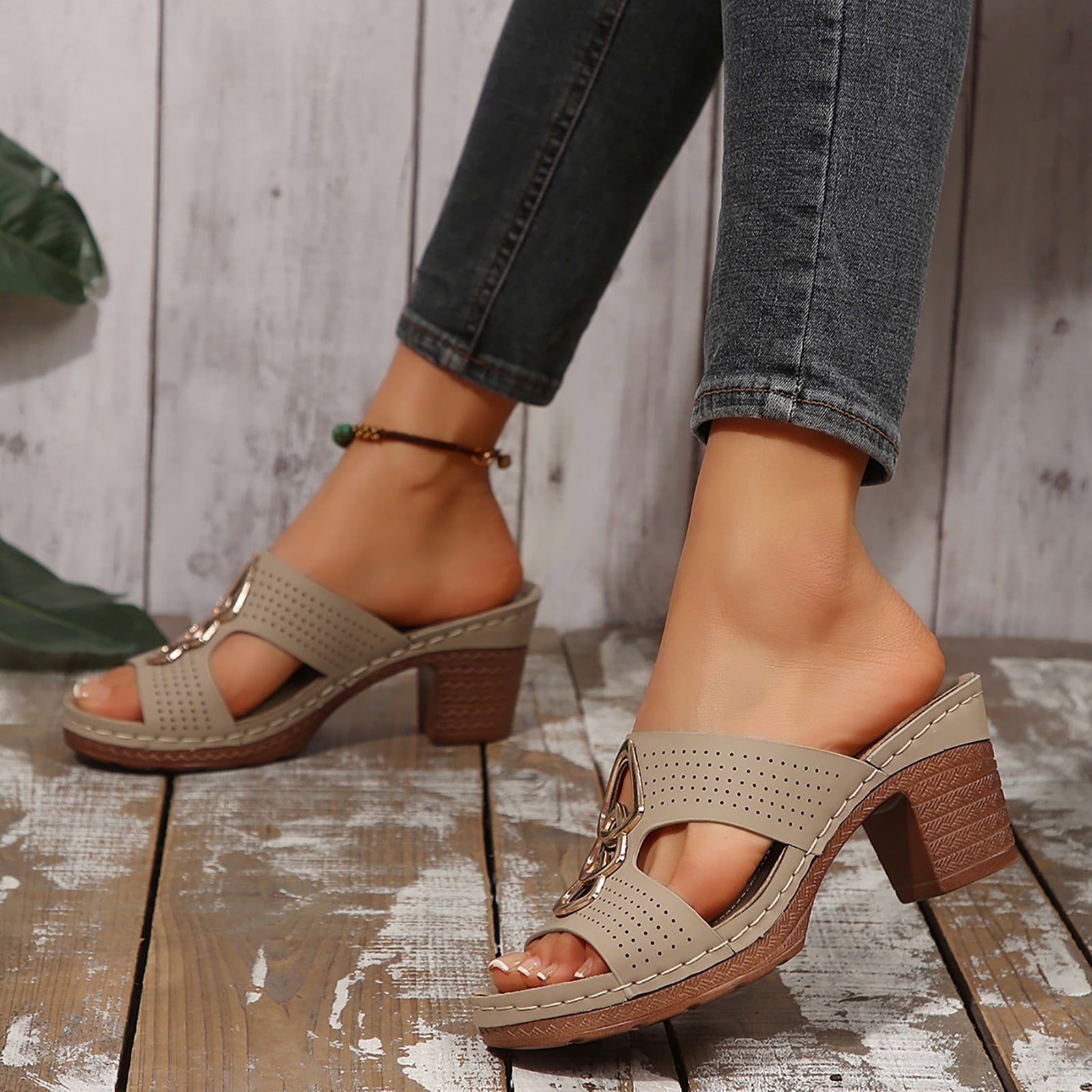 Dakaela Womens Heels Sandals Cutout Orthopedic Dressy Slide Pumps Summer Slip on Shoes Beige 7.5
