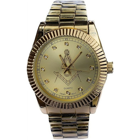 Trendy Zone 21 Freemason Masonic Symbol Quartz Wrist Analog Watch with Gold Tone Metal Band | Classy Gift for Men | Dimension – 4" x 3" x 3"