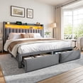 thumbnail image 6 of EnHomee Upholstered Bed Frame with 2 Storage Drawers Queen Size Bed Frame with 2-Tier Headboard & LED Lights & Charge Station, Gray, 6 of 9