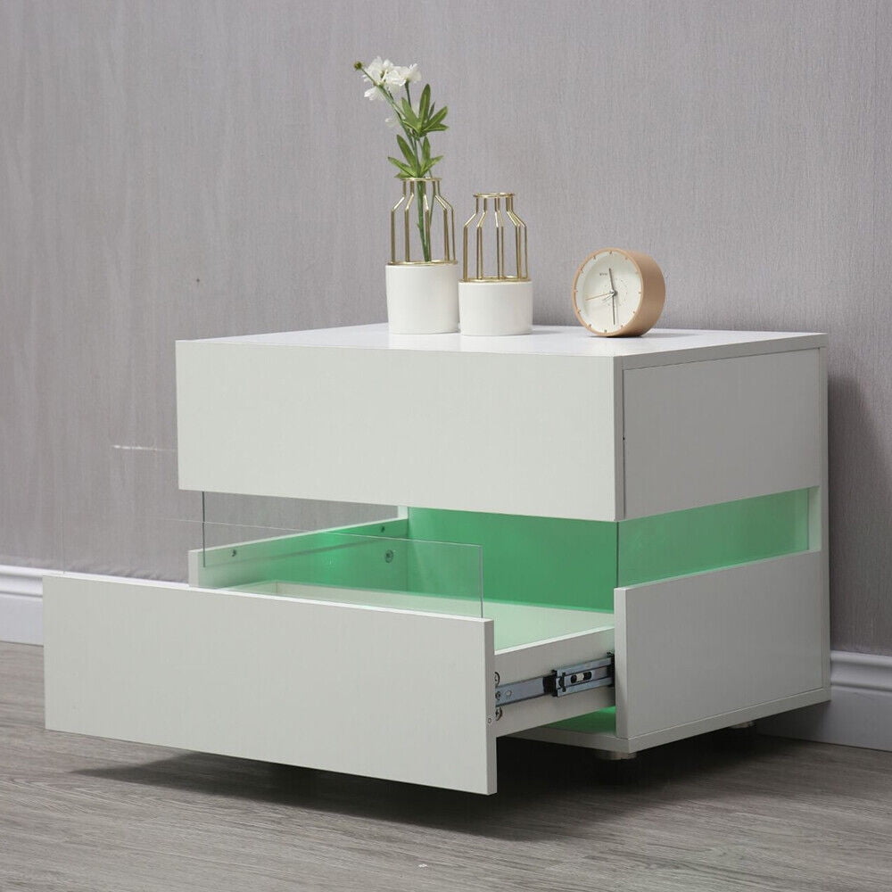 Miumaeov 2 Drawers High Gloss Nightstand, LED Light Bedside Table with Remote Control Modern