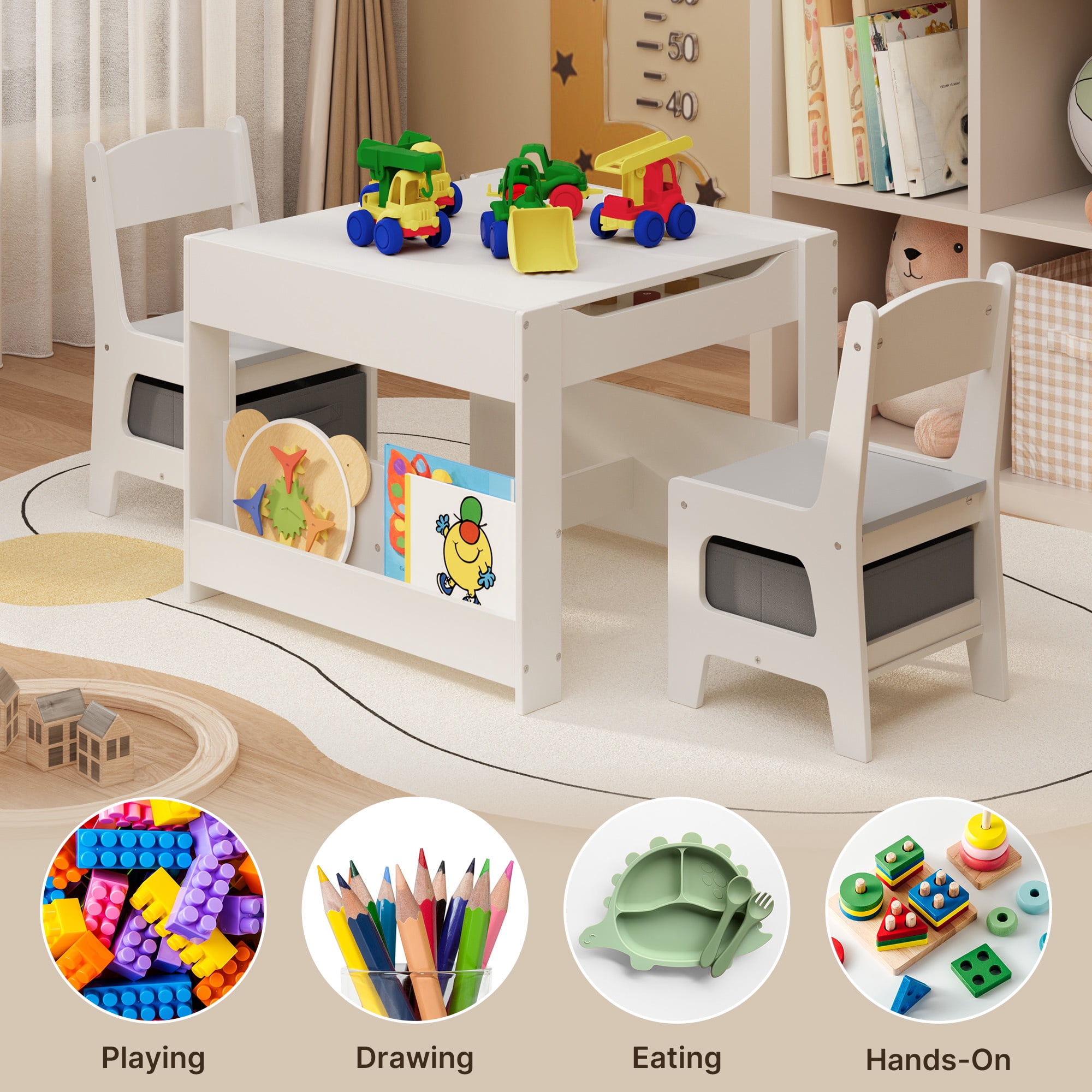 Asofer 4-in-1 Kids Table and Chair Set, Bookshelves and Storage Drawer for Drawing Playing Studying Eating, White & Gray