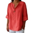 thumbnail image 2 of Red Womens Tops Linen Shirts for Women Summer Cotton Linen V Neck 3/4 Sleeve Tops Loose Vacation Beach Solid Blouses Tunic Tops Shirts for Women, 2 of 5