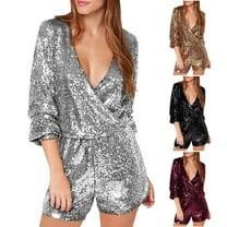 Pxkloy Women's Sequin Romper Party Clubwear Shiny Wrap V Neck Shorts Jumpsuit Glitter Sparkly Long Sleeve Disco Dance Outfit Silver,L