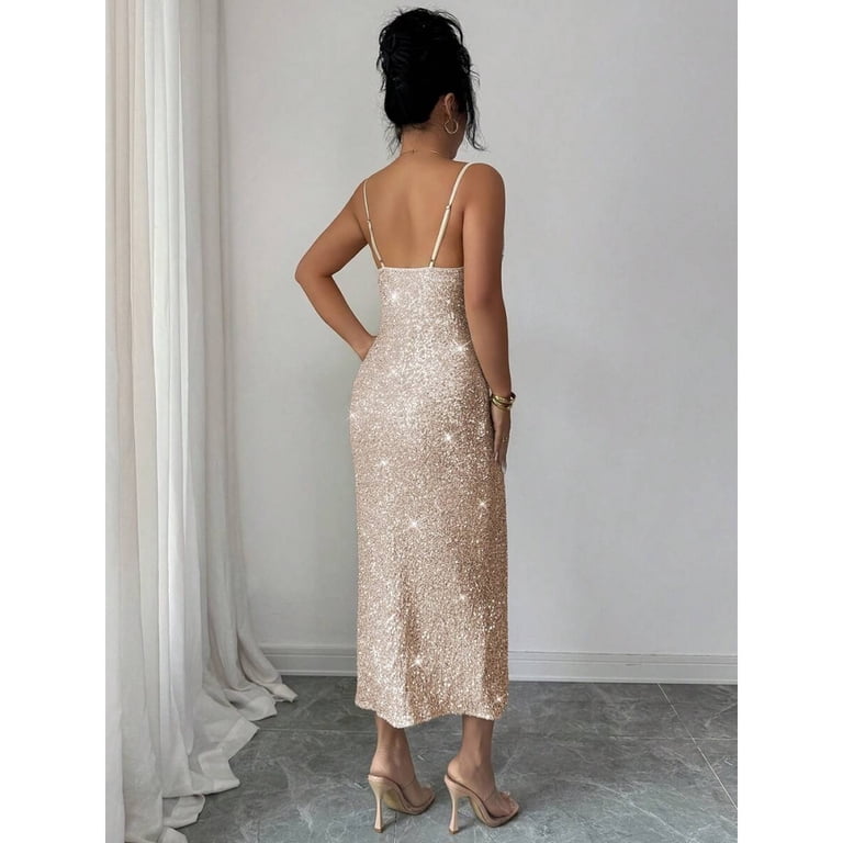 sparkly knee length dresses Ieena Duggal V neck Dress with sequin design Midi Dress Gold Sequin Knee