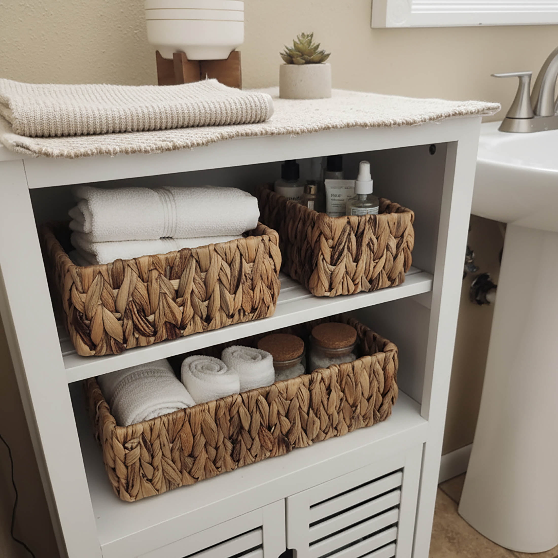 LAQUEDECRAFT 3-Pack Water Hyacinth Storage Baskets | Decorative Handwoven Organizer Baskets for Styling, Sorting & Home Organization | Ideal for Bathroom, Pantry, or Shelf Use