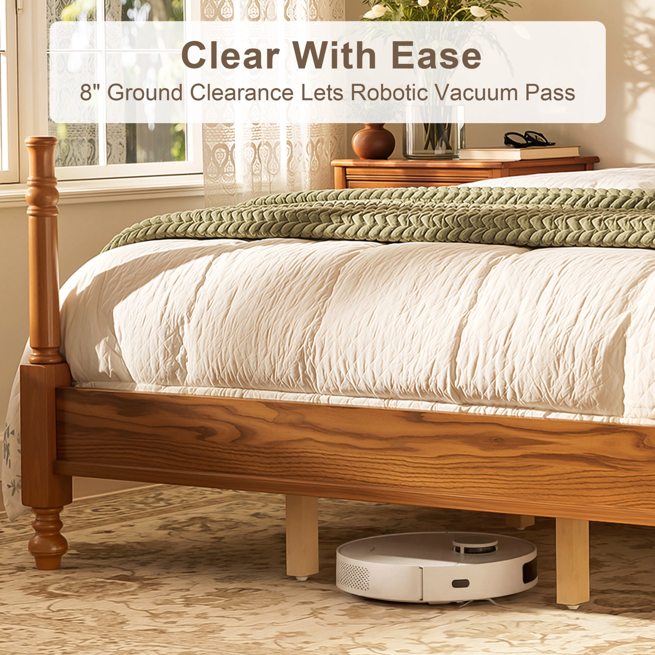 Noble House Queen Spindle Platform Bed with Headboard, Traditional Wood Bed Frame, Light Walnut
