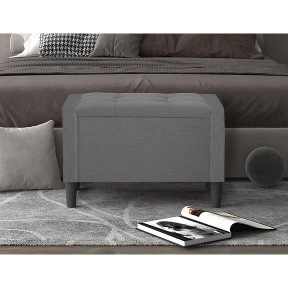 Home Design Braylen Upholstered 29" Flip Top Storage Bench with Button Tufted Velvet Seat, Spacious Hidden Storage, and Sturdy Tapered Legs, Modern Rectangular Design for Bedroom or Living Room, Gray
