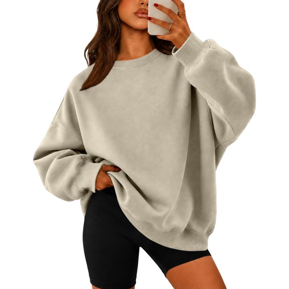 Hearthz Crewneck Sweatshirts Women Solid Color Drop Shoulder Long Sleeve Womens Pullover Sweatshirt Fall Winter Athletic Workout Womens Sweatshirt Beige S