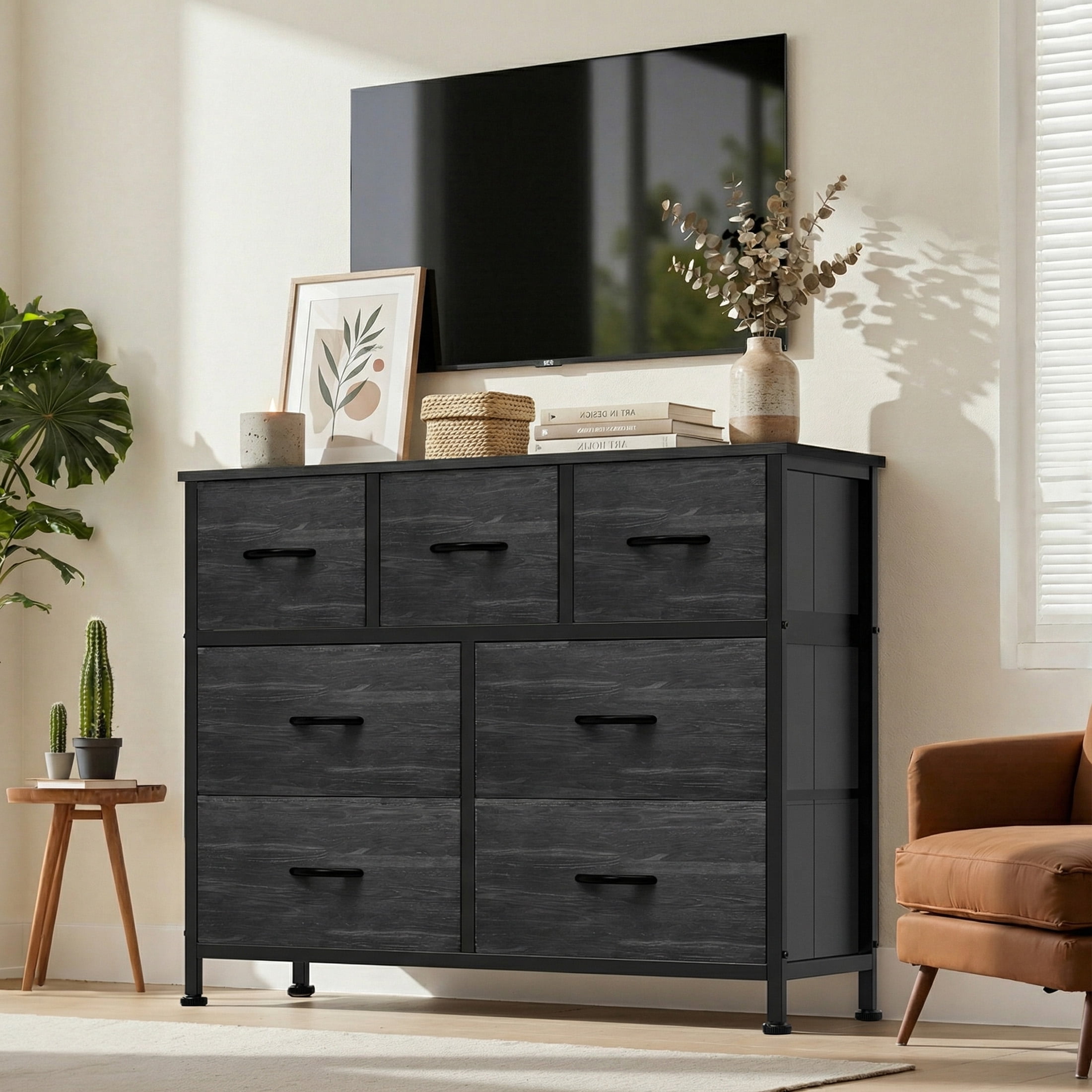 CONCETTA 7-Drawer Fabric Dresser Storage Chest for Bedroom, Closet, Storage Furniture for Adults, Black Wood