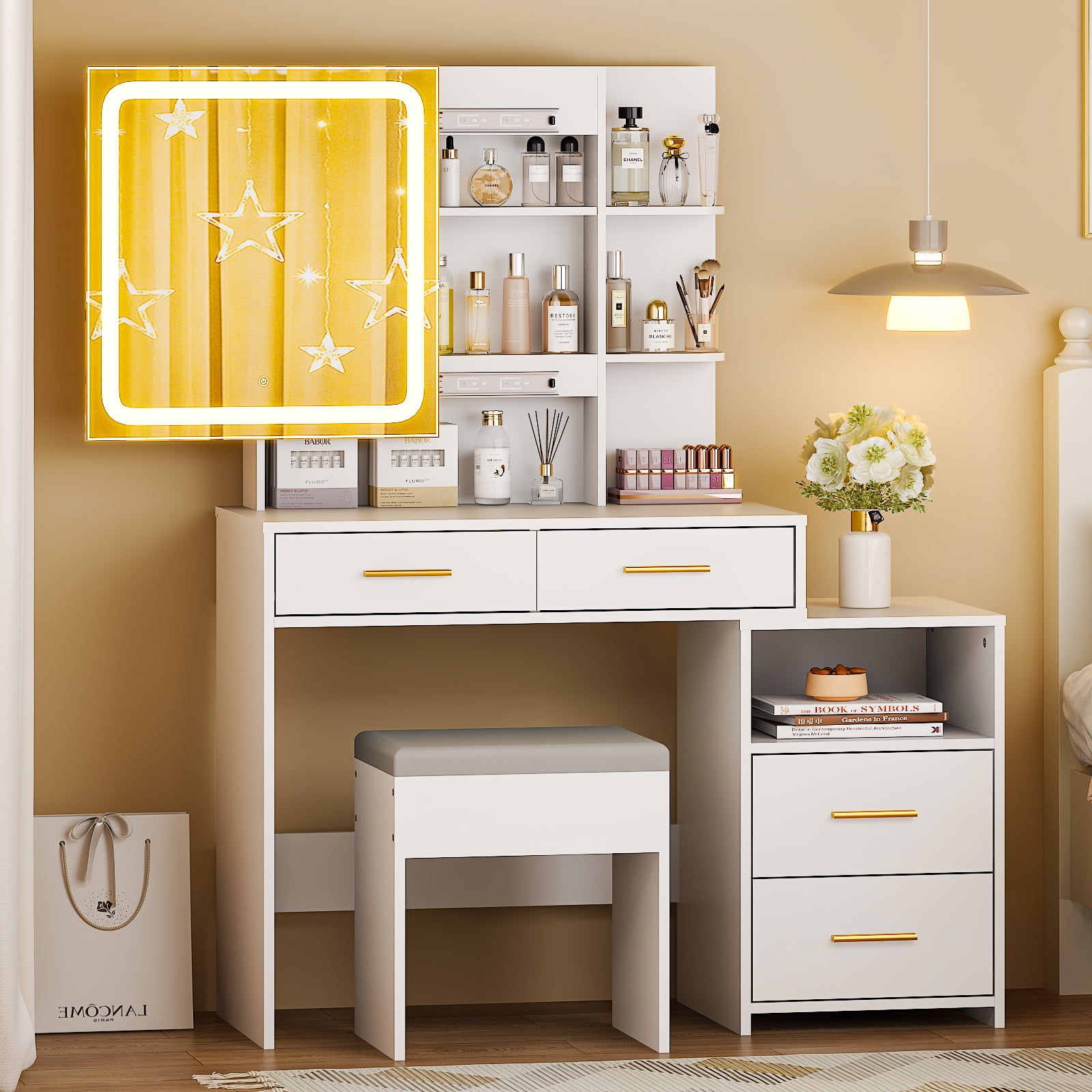 Ktaxon Lighted Makeup Vanity Table Set, Dressing Table with Sliding Mirror, Vanity Desk , White