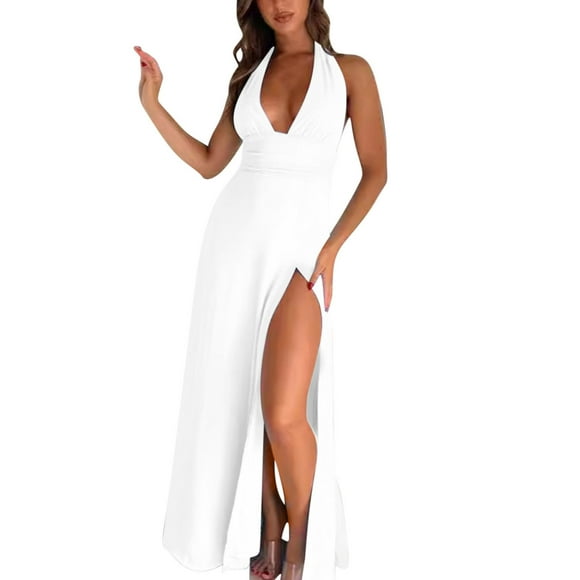 hotojiny Maxi Dresses for Women 2025 Sleeveless Wedding Guest Cocktail Party Dresses Deep V Backless Halter Dress with Side Slit