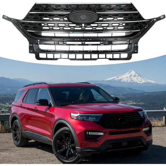 OTTULUR Gloss Black W/Chrome Grill For Ford Explorer 2020/2021 Front Bumper Upper Grille