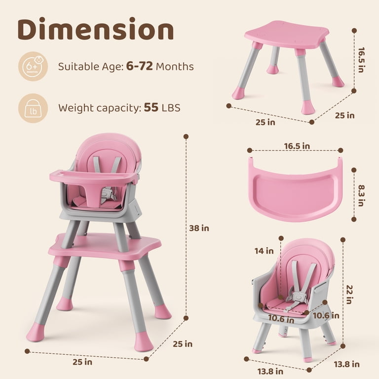 AILEEKISS 8 in 1 Baby High Chair, Pink Feeding Booster