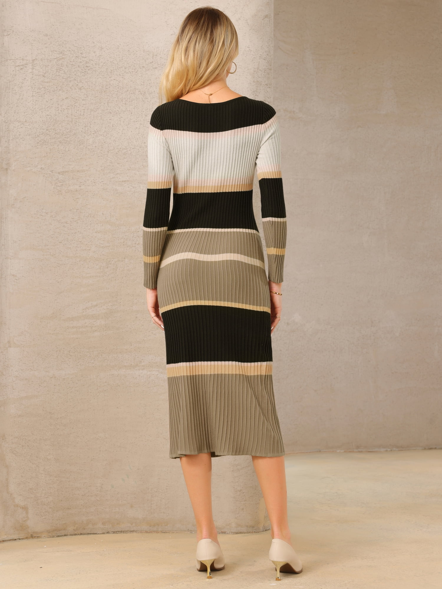 DARING DIVA Women's Striped Long Sleeve Ribbed Knit Bodycon Dress S Khaki