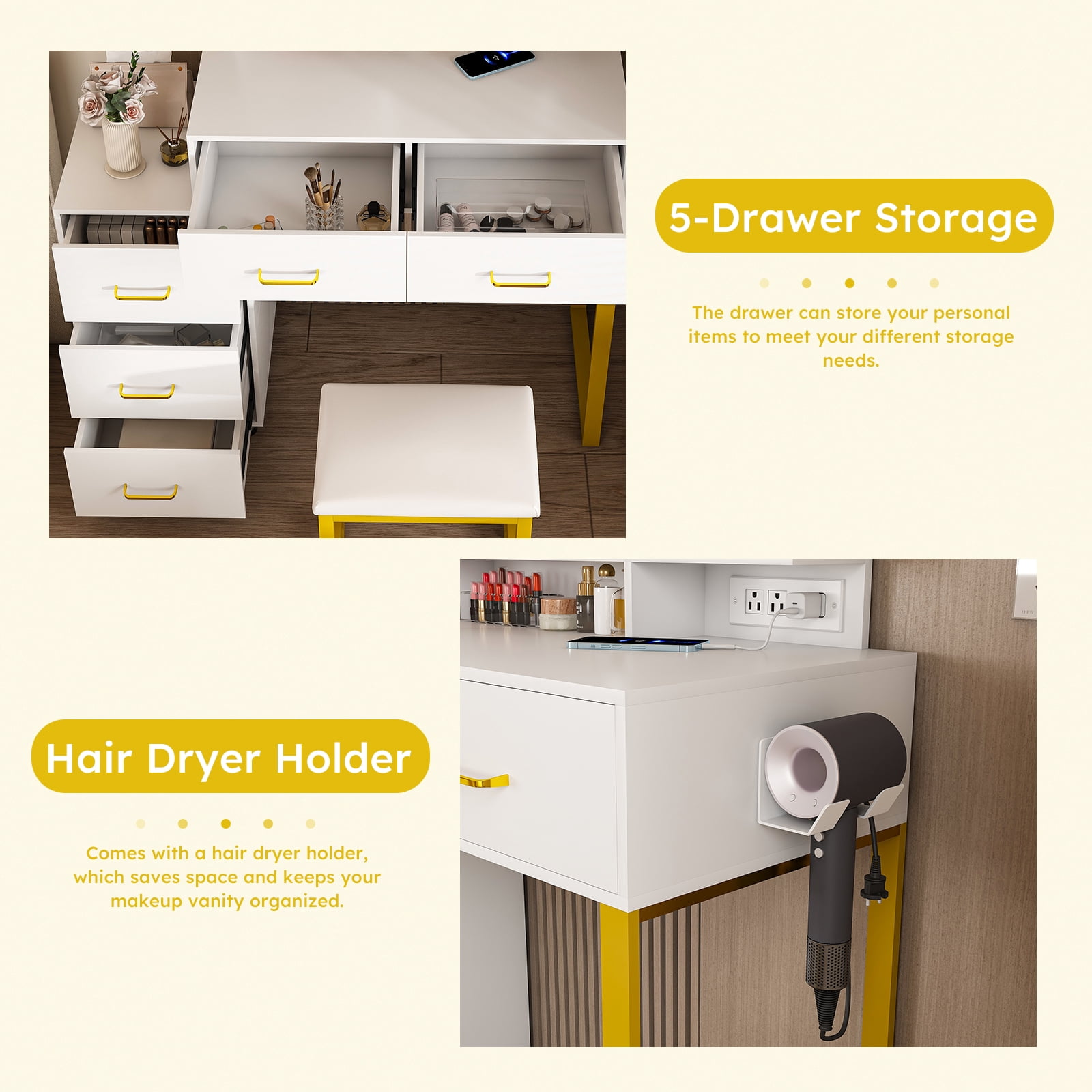 Montary White LED Vanity w/ Power Outlet & 3 Lights: 5-Drawer Makeup Desk w/ Sturdy Metal Legs & Stool