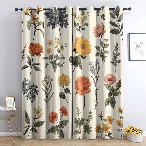 Botanical Blackout Curtains, Thermal Insulated Room Darkening Grommet Drapes For Living Room & Bedroom, Vintage Floral Wildflower Window Treatments & Home Decor 26"W x 54"L (Pack of 2)