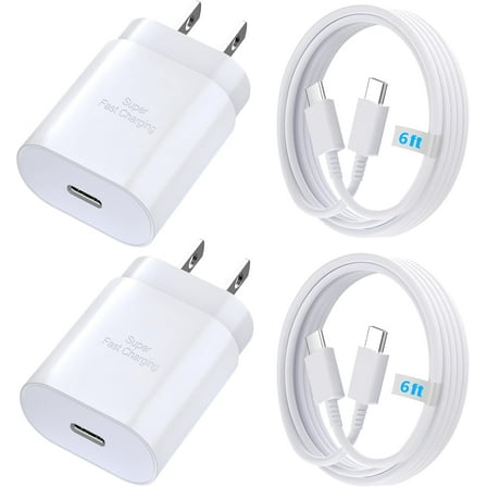 2 Pack Original Super Fast Adaptive Wall Adapters 25W Charger for Samsung Galaxy A21 with 2 Pack 6.6FT USB C PD Charging Cables - White