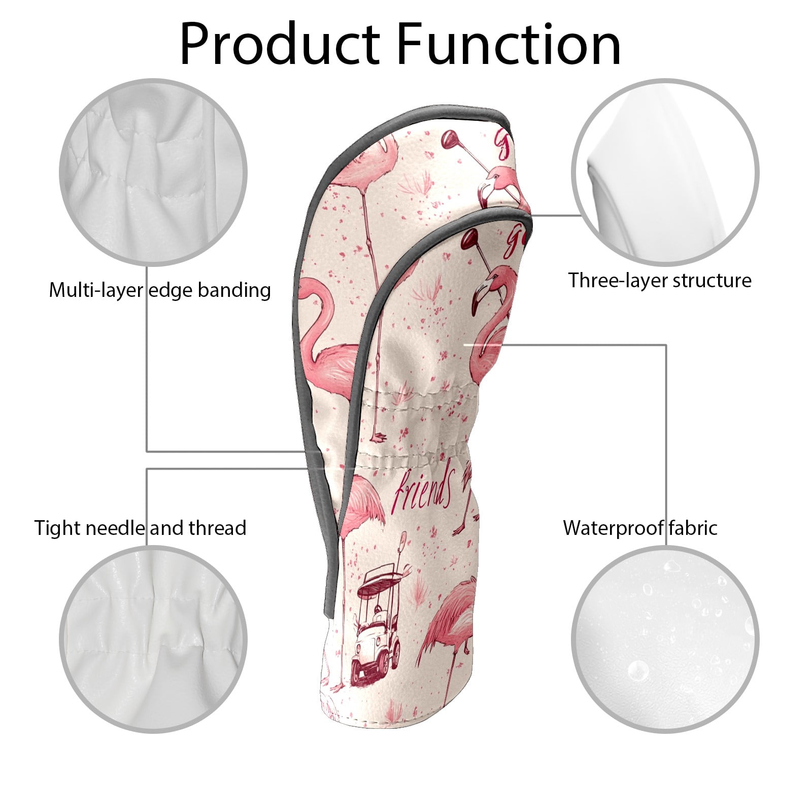 Golf Club Covers PU Leather Waterproof Head Covers for Fairway Woods Hybrids Flamingo