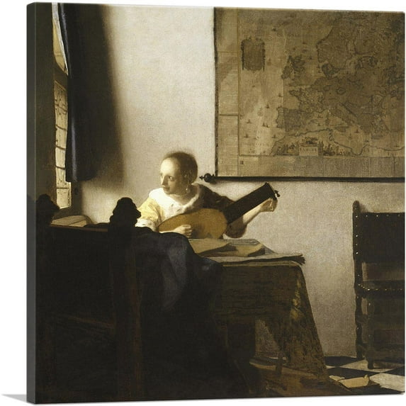 ARTCANVAS Woman With a Lute 1662 Canvas Art Print by Johannes Vermeer - Size: 36" x 36" (0.75" Deep)