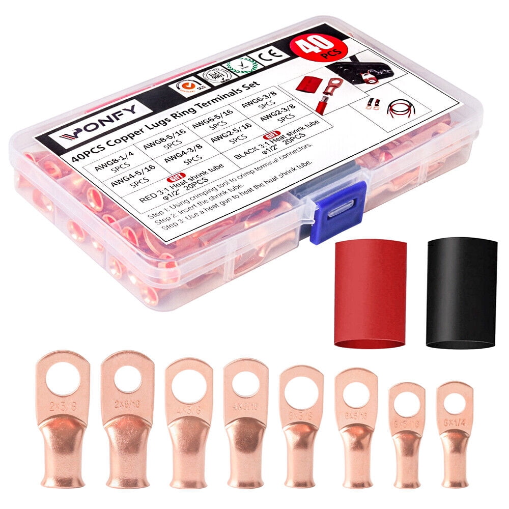 40pcs Copper Battery Welding Cable Lug Wire Ring Terminals Crimp Connectors
