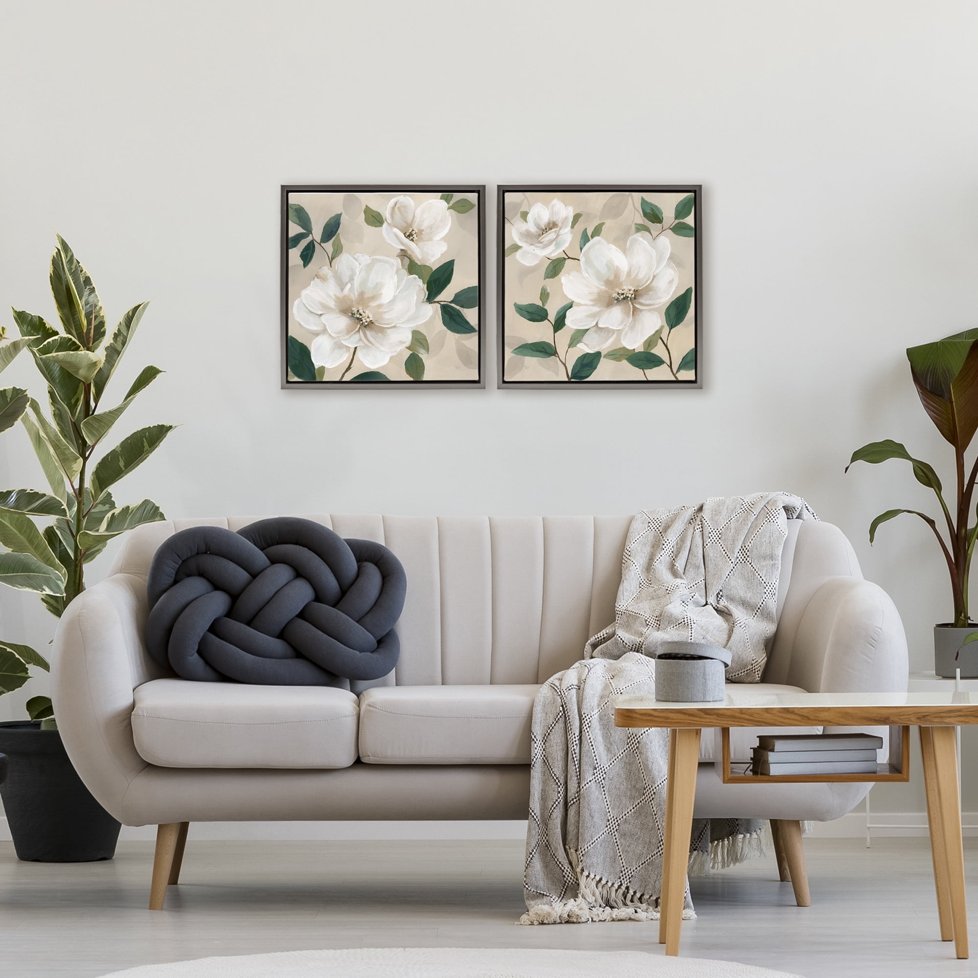 Stupell Industries Serene White Blossoms & Foliage 2 Piece Gray Framed Floater Canvas Set, design by Nan