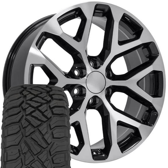 OE Wheels CV98B 22 Inch Rims and Tires Fit Silverado 1500 Snowflake Style 6x139.7 22x9 Gloss Black Machined - Hollander 5668 - TerraMax RT 285/45-22 (Set of 4)