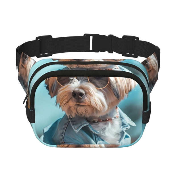 Balery Stylish Dog in Denim Outfit Mochila Cinturón para Mujeres y Hombres, Bolsa de Cintura Impermeable de Doble Capa con Correa