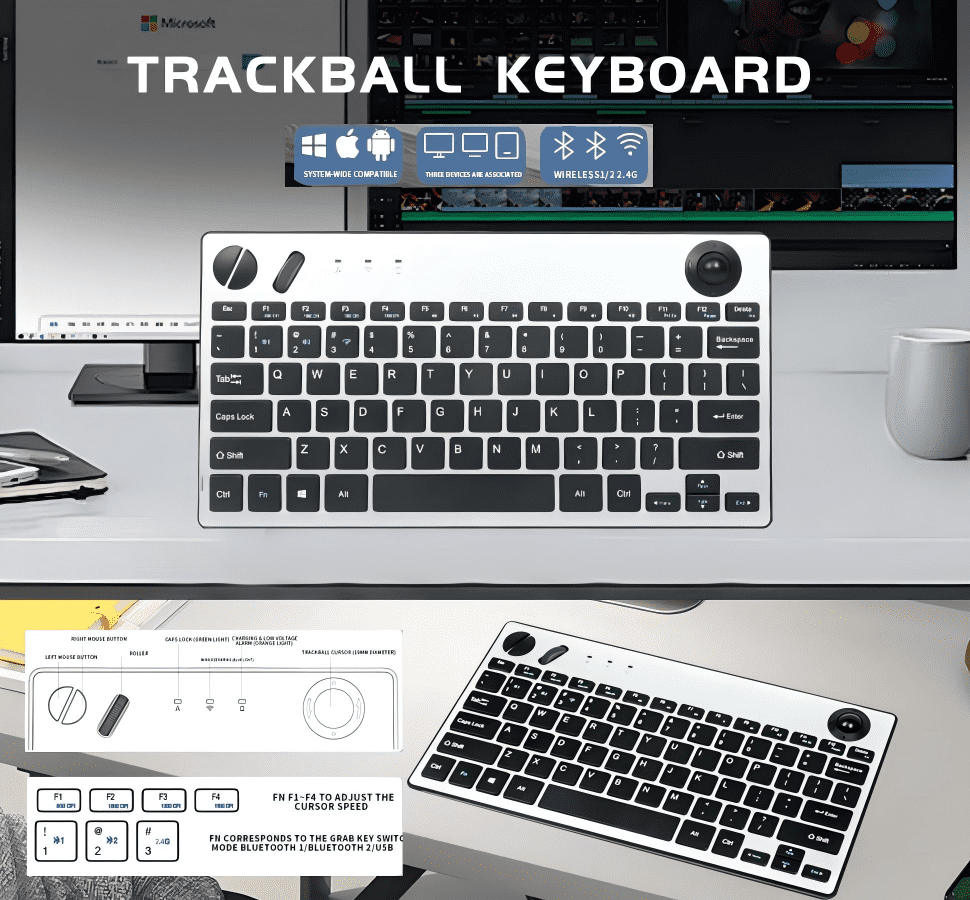 Compact Travel Keyboard with Mouse Functionality, Multi-Device Connection, Bluetooth 5.0 & 2.4G Wireless Plug and Play, Direction Trackball, Mouse Scroll Wheel, Left & Right Mouse Buttons