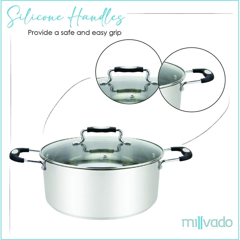 Millvado Stock Pot, Large Stainless Steel 20 Quart Stockpot, Large Cooking Pot, Clear Glass Lid and Measurement Markings, Steam Hole, Induction, GAS