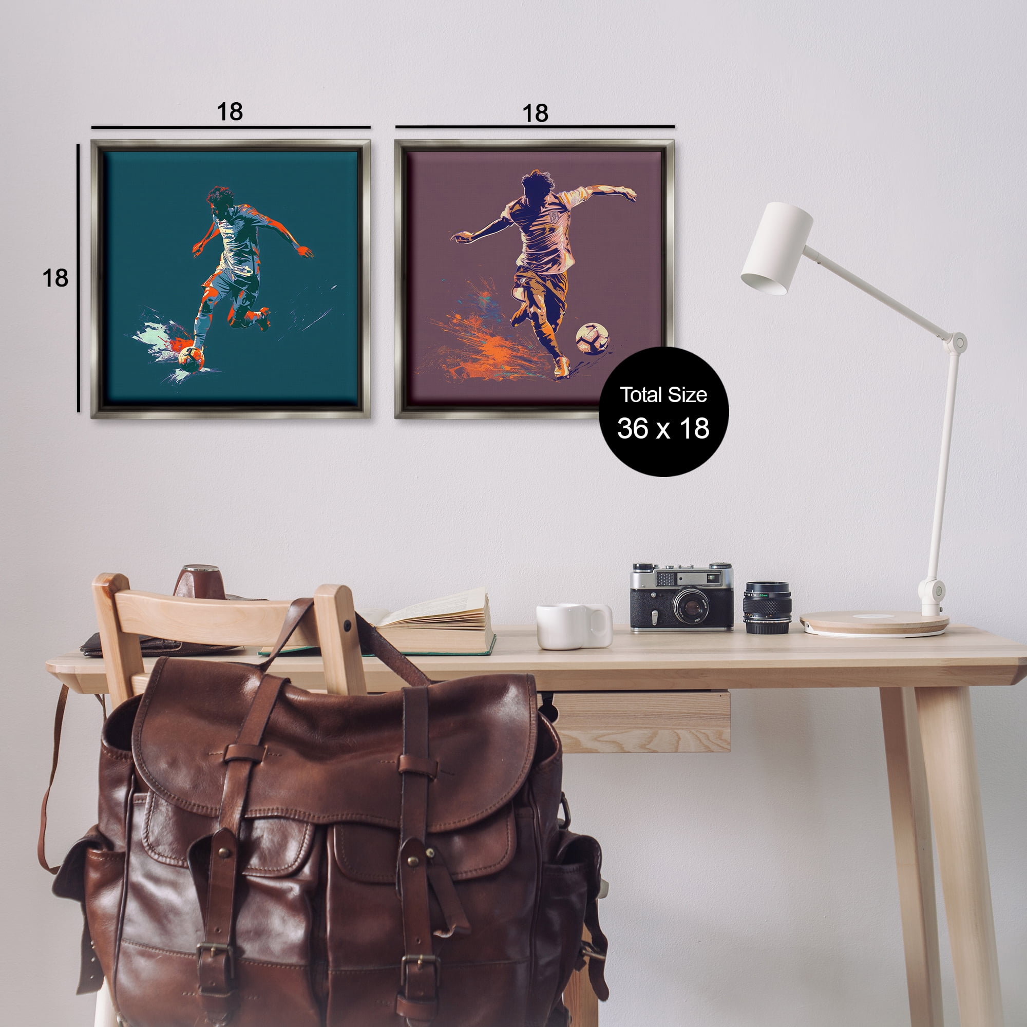 Stupell Industries Kicking Soccer Ball Goal Sports Painting Gray Floater Framed Canvas Art Print Wall Art, 18 x 18, Set of 2