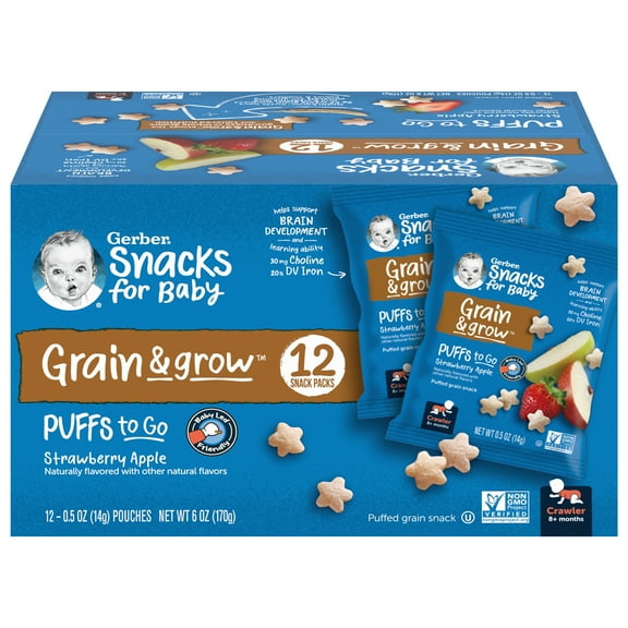Gerber Grain & Grow 3rd Foods Puffs to Go Baby Snack, Strawberry Apple, 0.5 oz. Pouch (12 Pack)
