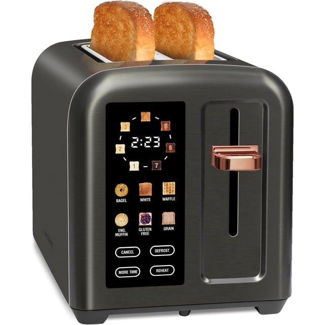 Toaster 2 Slice, Touch Control Stainless Toaster LCD Display, 50% Faster Heating Speed, 1.4'' Wide Slots, More Timer Functions, Removable Crumb Tray, 1350W, Dark Metallic