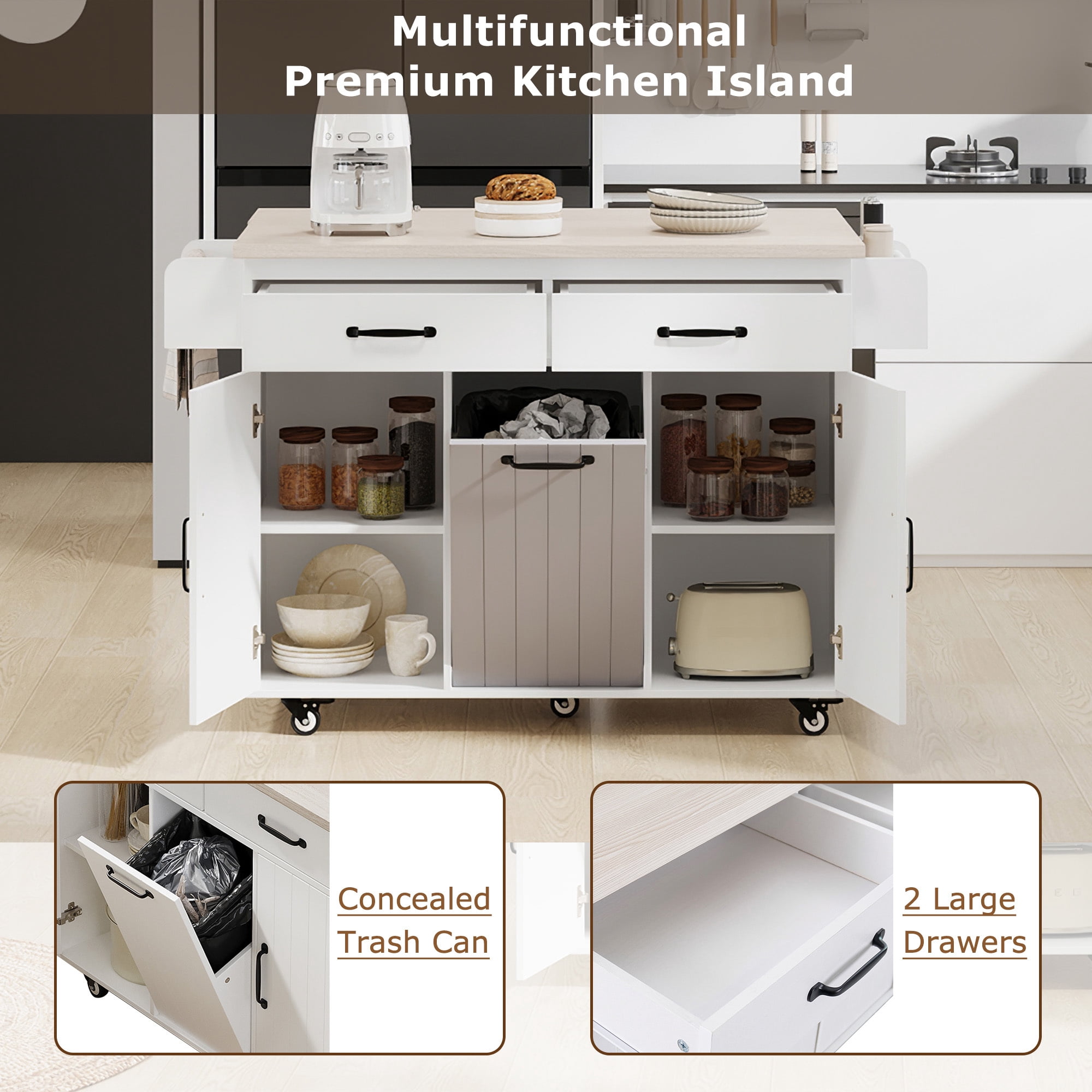 Leumius Kitchen Island with Trash Can Storage Cabinet, Kitchen Cart with Drop Leaf, Spice Rack, Towel Rack and Drawer, Rolling Kitchen Island on Wheels with Adjustable Shelf, White