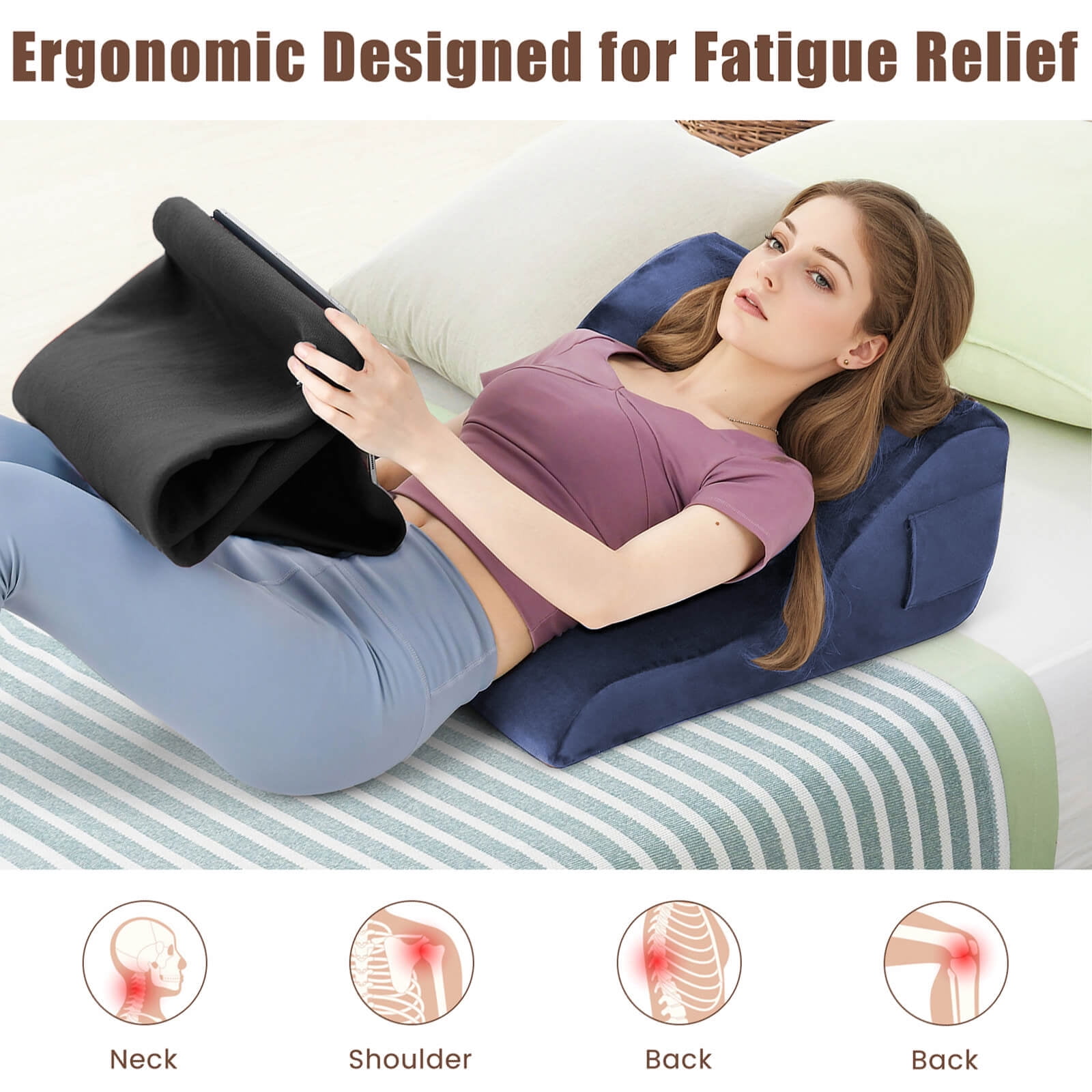 Costway Bed Wedge Pillow with Smooth Zipper Side Pockets Support for Back Navy
