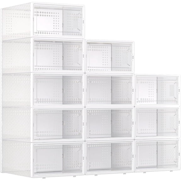 Large Shoe Storage Boxes Organizers Clear Plastic Stackable 12 Pack Fit Size 9, Shoe Rack & Holder Substitute, Sneaker Containers, Toy Storage Organizer Bins for Entryway, Closet, Under Bed