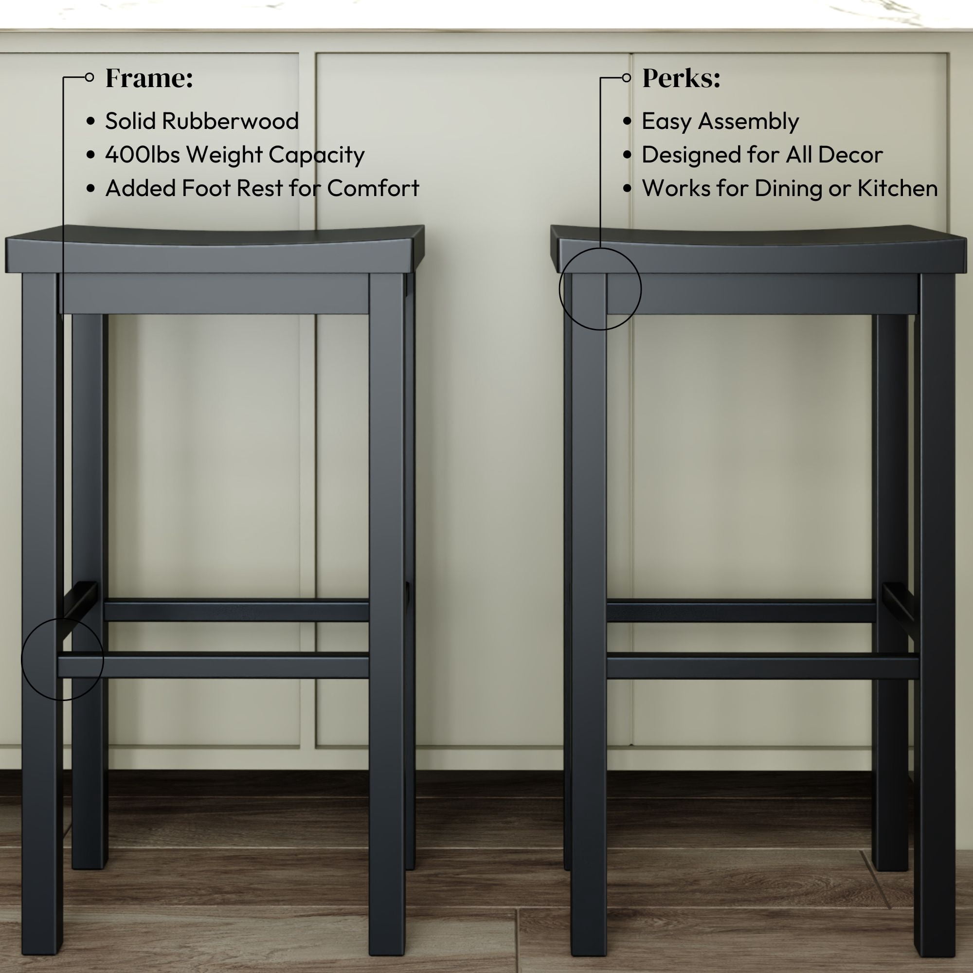 Now Furniture 30" Bar Stool, Set of 2 Wooden Backless Bar Height Kitchen Stool, Black