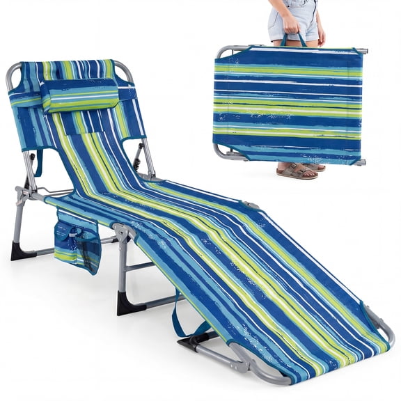 Gymax Tanning Chair w/ Face & Arm Holes Folding Chaise Lounge Beach Chair w/ Adjustable Backrest Blue & Green