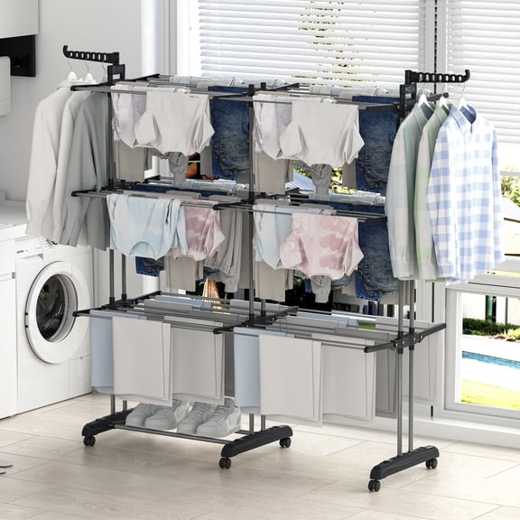 Clothes Drying Rack 4-Tier, Foldable Clothes Drying Rack 69.3-Inch Tall, Extendable Rods, Stainless Steel, Indoor Outdoor Use