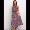 thumbnail image 4 of Vestido Bohemio de Verano para Mujer, Sin Mangas, con Estampado de Lunares, Cuello Halter, Volantes, Dobladillo y Cinturón Azul y Rojo S, 4 of 7
