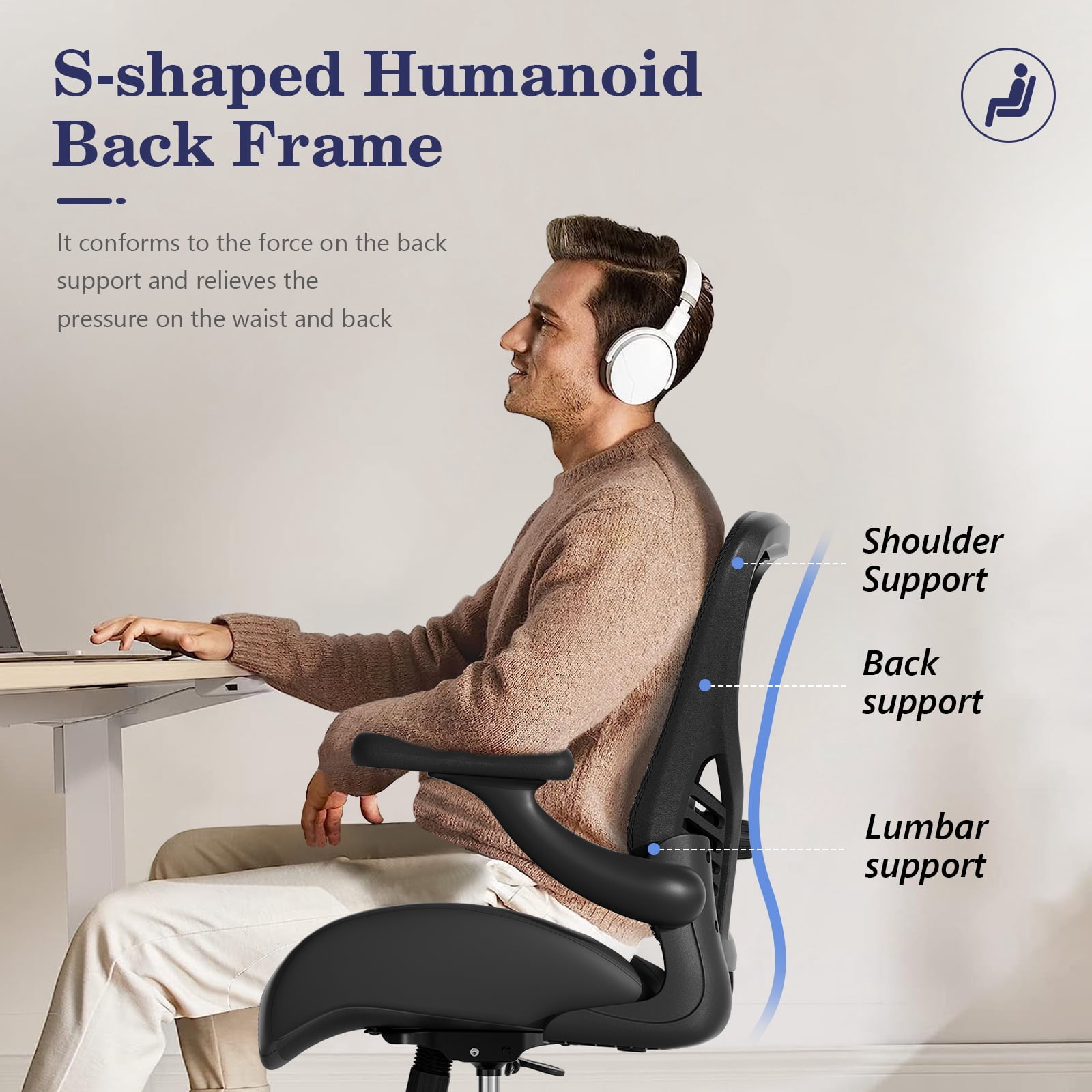 HomeZeer Office Desk Chair, 350LBS Breathable Technical Mesh Back & Molded Leather Seat, 3D Flip-Up Arms, Adjustable Lumbar Support & Height, Swivel Wheels for Home Office, Black