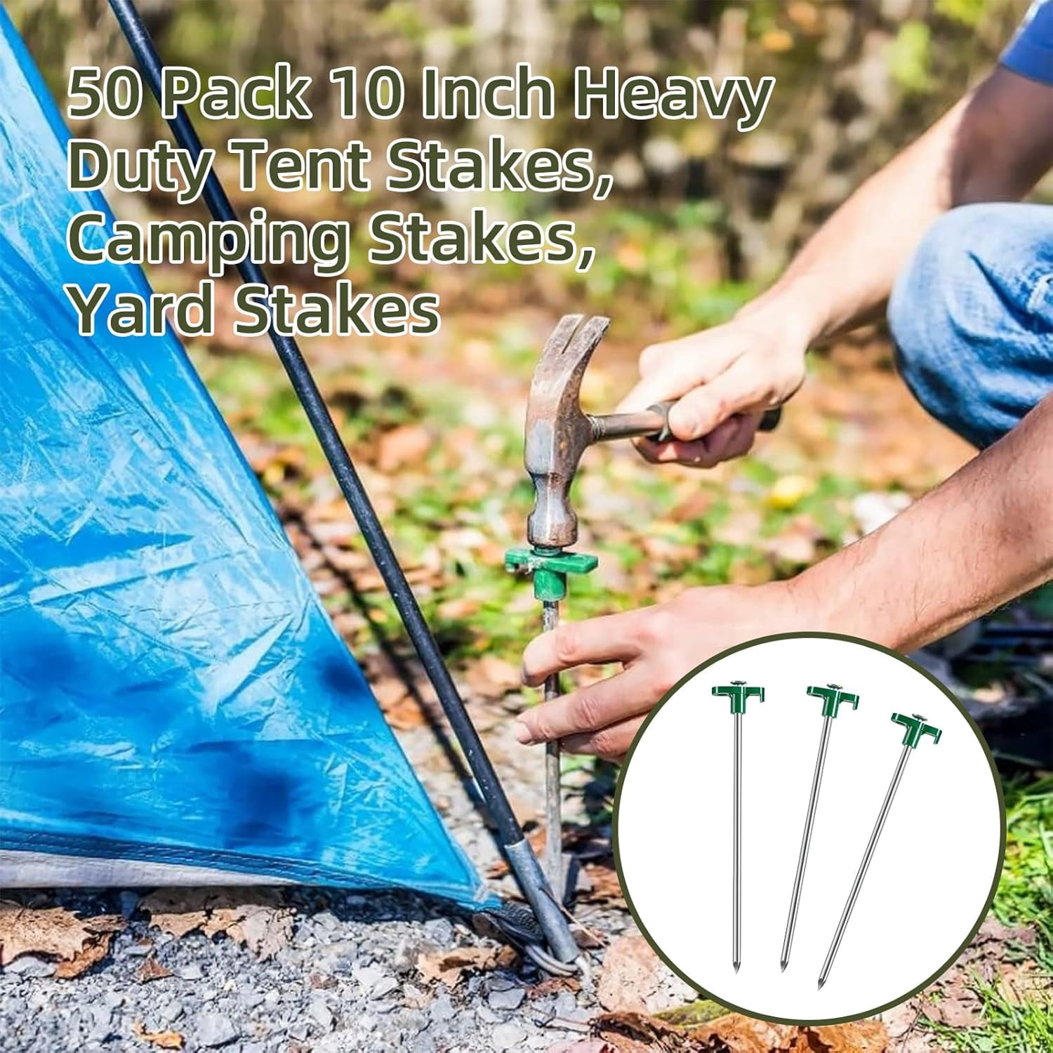 100 Pack Heavy Duty Metal Tent Stakes 10 Inch Green Camping Pegs for Ground Anchor Spikes