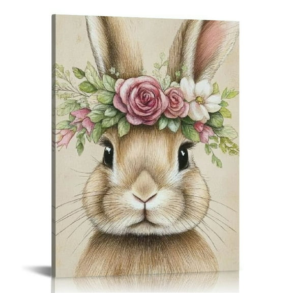 Fenyluxe Easter Rabbit with Floral Crown Canvas Wall Art Cute Bunny Poster Prints Lovely Animal Portrait Picture Artwork Garland Painting Nursery Bedroom Corridor Framed Wall Decor 12x16in