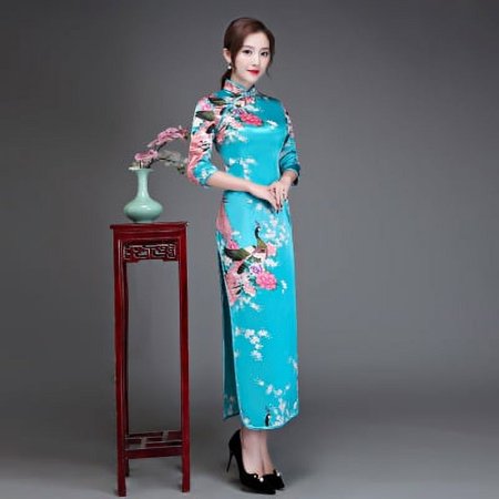 Judy Size 6XL Floral & Peacock Chinese Lady Cheongsam Qipao Print Flower Sexy Long Dress Bride Wedding Evening Party Gown Vestidos