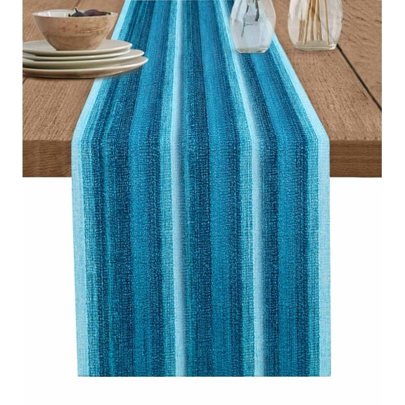 Turquoise Teal Ombre Table Runner Cotton Linen 120 Inch Holiday Dresser Scarves, Farmhouse Modern Abstract Striped Tablerunner for Kitchen Coffee Dining Bedroom Dinner Scarf Décor 13''x120''