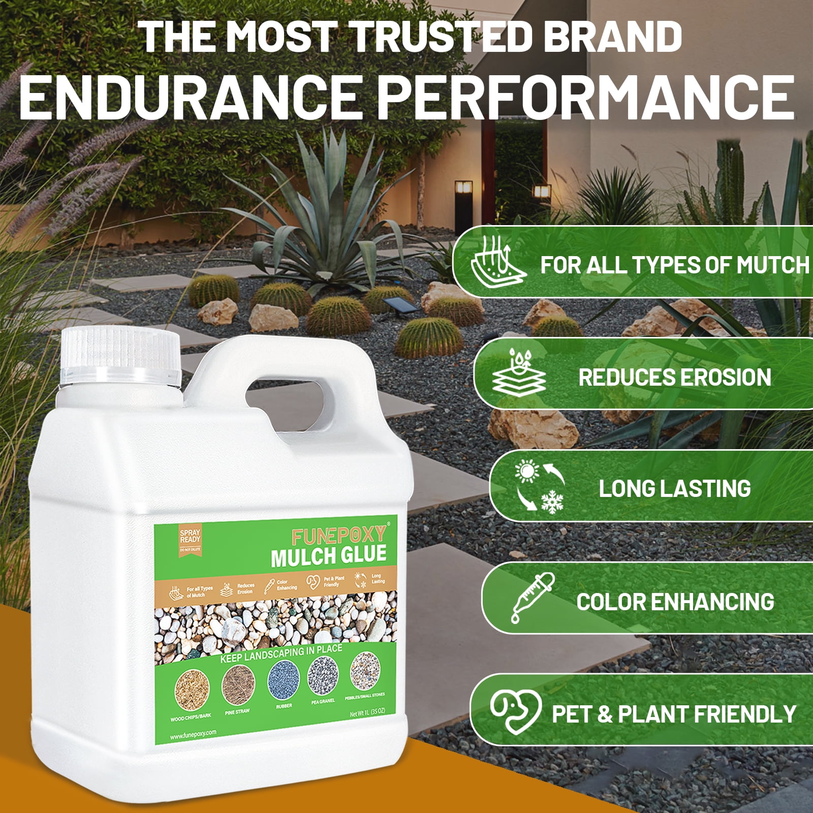FUNEPOXY Mulch Glue 36OZ, covering adhesive for bonding stones, views, gardens, gravel, stones, leaves, bark, garden paths