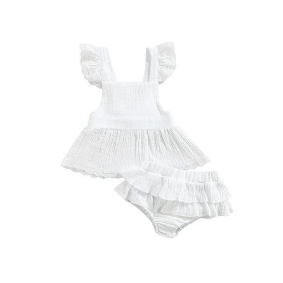 Qmyliery Baby Girl Dress Set, Solid Color Lace Hem Decor Ruffle Suspender Skirt Shorts